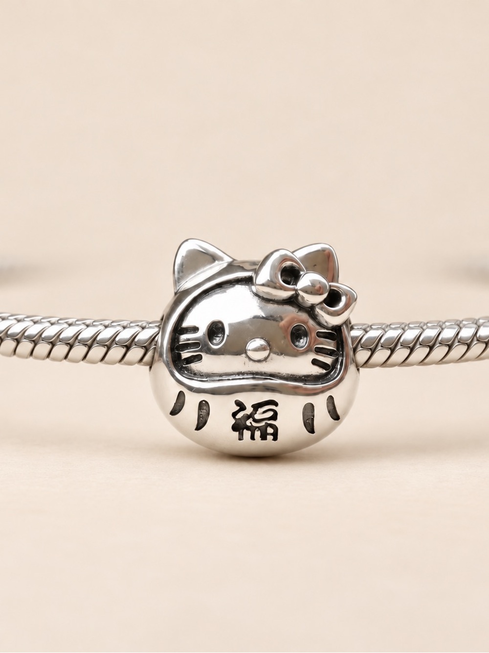 Sterling Silver Cat Charm Bead - Polished Silver Cat Face